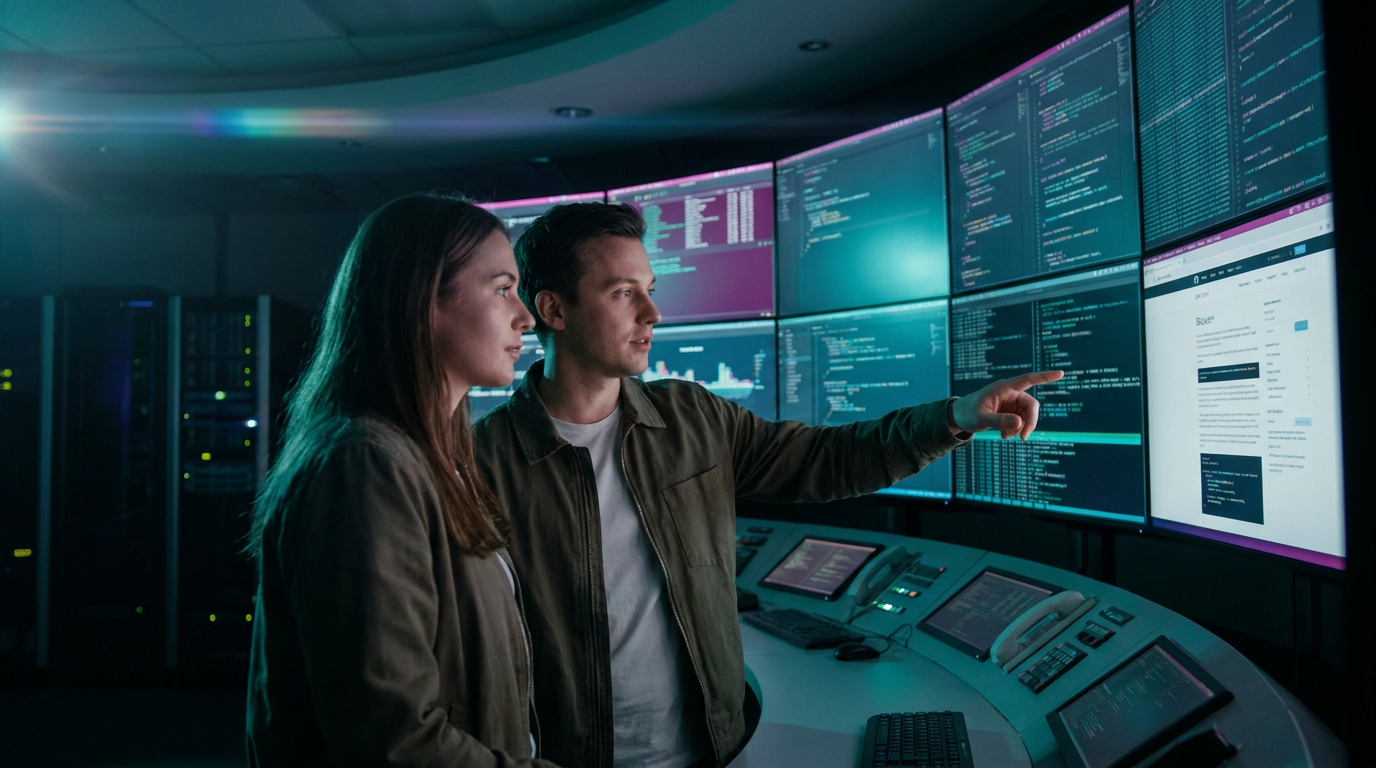 Two founders in a darkened mission-control room lit by a curved wall of code