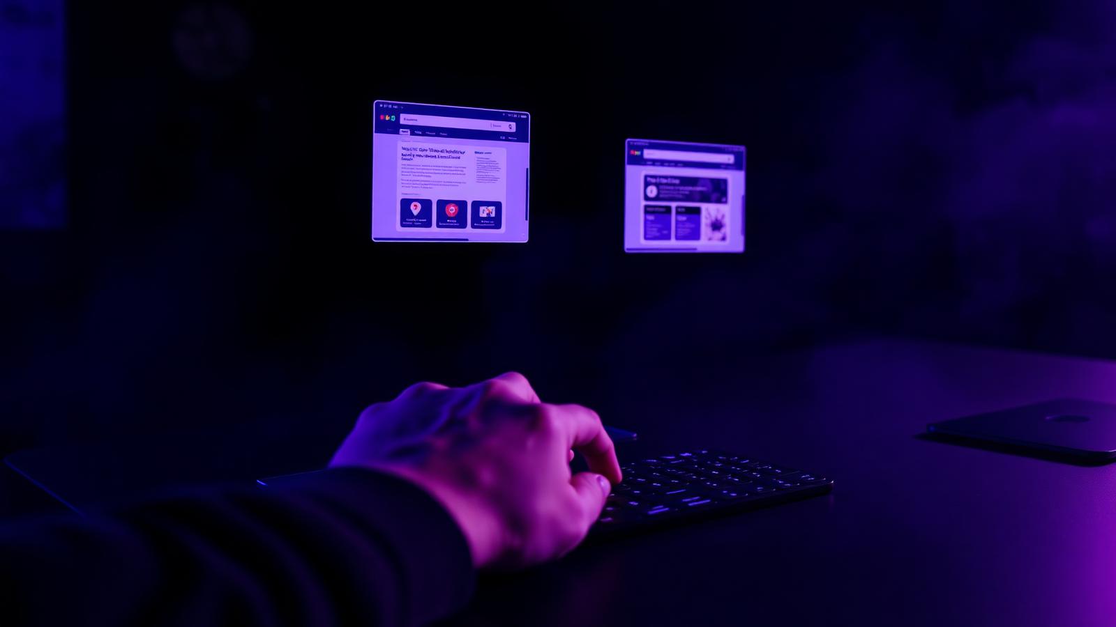 Hands at a keyboard with floating Chromium windows above