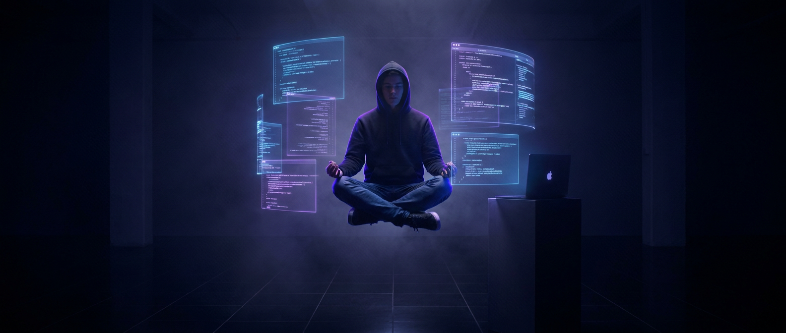 A builder floating cross-legged with holographic code panels orbiting