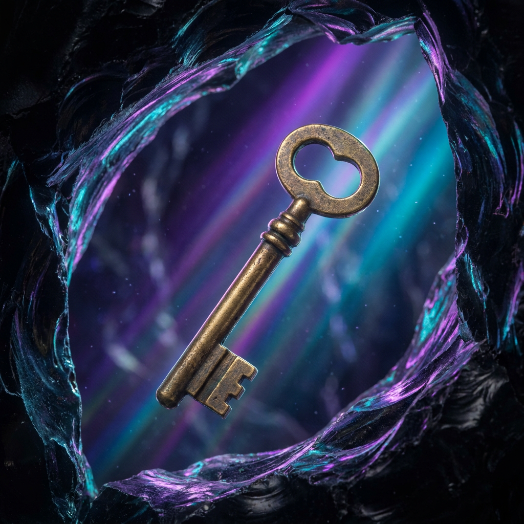 A single brass key floating in zero gravity inside a dark obsidian vault, refracting aurora light